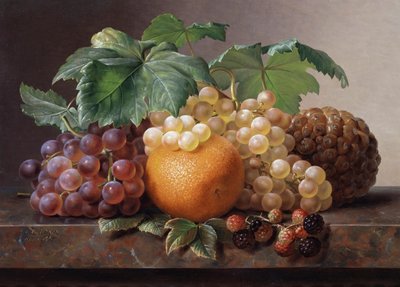 Stilleven van druiven, bramen, sinaasappel en ananas. Schilderij van Johan Laurentz Jensen (1800-1856) Privécollectie. door Johan Laurents Jensen