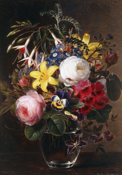 Rozen, lelies, viooltjes en andere bloemen in een vaas door Johan Laurents Jensen