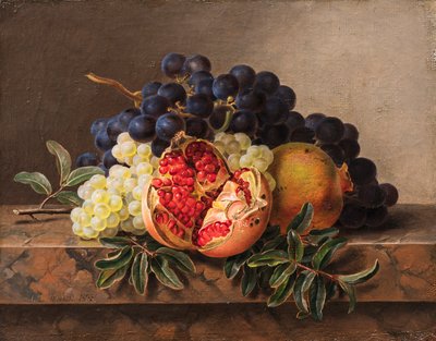 Granaatappels en groene en blauwe druiven op een marmeren lijst, 1833 door Johan Laurentz Jensen