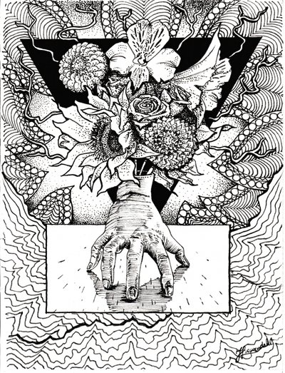 Surrealistische bloemenweerspiegeling in de hand door Johan Liewendahl