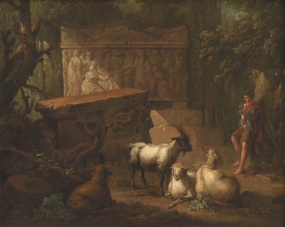 Antieke ruïnes omgeven door bomen, op de voorgrond een herder en enkele geiten door Johan Mandelberg