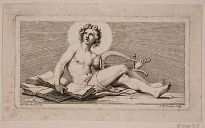 Vignet. Een zittende Apollo met harp door Johan Martin Preisler