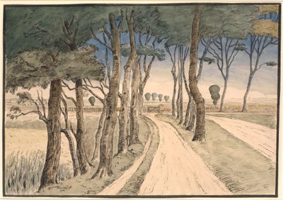 Landschap met weg en bomen op de voorgrond door Johan Rohde