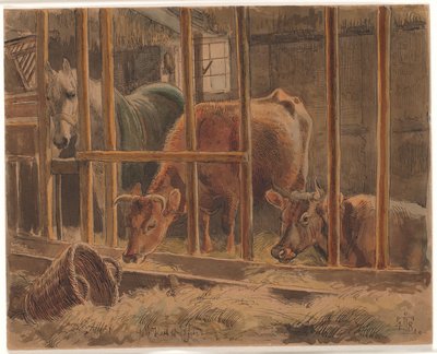 Het interieur van een stal met een wit paard en twee koeien door Johan Thomas Lundbye