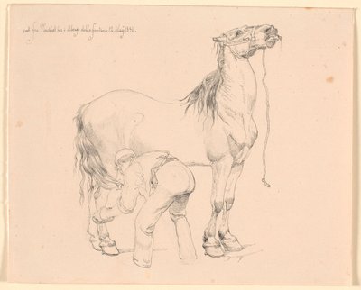 Een paard wordt geborsteld door Johan Thomas Lundbye