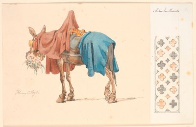 Een muilezel die zijn groenvoer eet. Rechts op geplakt papier een decoratieve rand door Johan Thomas Lundbye