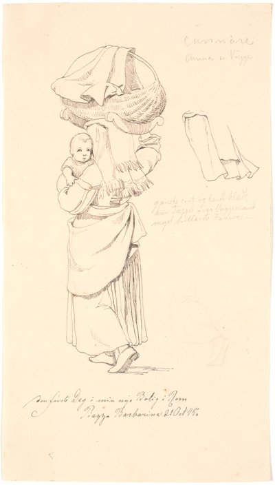 Italiaanse vrouw met haar kind op de arm en zijn wieg op haar hoofd. Rechts studie van haar hoofddeksel door Johan Thomas Lundbye