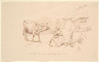 Kom Bos!. Buiten een boerderij zit een vrouw met een kind, dat naar een koe reikt door Johan Thomas Lundbye