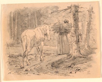De Vrouw en het Paard. Illustratie voor Kaalunds "Fabels voor Kinderen". Zie Opmerking uit het Archiefcatalogus. door Johan Thomas Lundbye