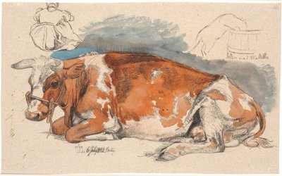 Liggende koe. Links boven een zittend boerenmeisje, rechts een kat die uit een paardenbloem drinkt door Johan Thomas Lundbye