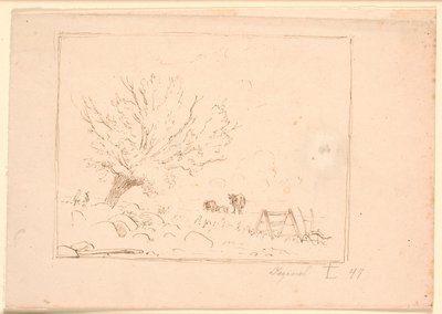 Landschap met een Wilgenboom bij Grote Stenen, een Haan, een Ploeg en Drie Koeien door Johan Thomas Lundbye