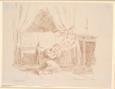 Slaapkamerinterieur met een klein meisje dat op de grond zit en slaapt, leunend tegen een wieg met een slapend kind door Johan Thomas Lundbye