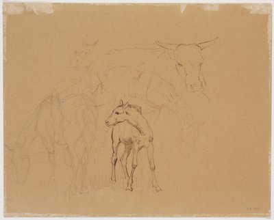 Studie van een grazend paard, een veulen en een liggende koe door Johan Thomas Lundbye