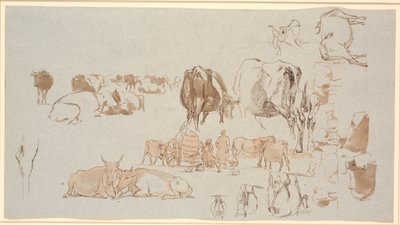 Studieblad. Studies van koeien, in het midden de melkkar met drie meisjes en een herder door Johan Thomas Lundbye