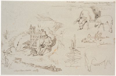 Studieblad van Vognserup. Links een herder (oude Rasmus Larsen) zittend met een hond bij een hek. Rechts een landschapsstudie met plaatsnamen. Hieronder twee varkens. Rechts een studie van riet in een meer. Hieronder een koningskaarsplant en een studie van door Johan Thomas Lundbye