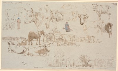 Studieblad van de melkplaats in Vognserup. Bovenaan vooral studies van koeien, in het midden o.a. melkwagen en onderaan hoofdgebouw en bijgebouwen van Vognserup door Johan Thomas Lundbye