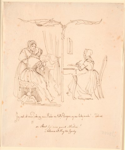 Tweeluik met links twee brievenlezende dames, rechts een briefschrijvende dame door Johan Thomas Lundbye
