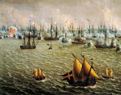 Slag bij Skargard tussen Zweedse en Russische vloten vanwege Zweedse heerschappij over Finland, 10 juli 1790 door Johan Tietrich Schoultz