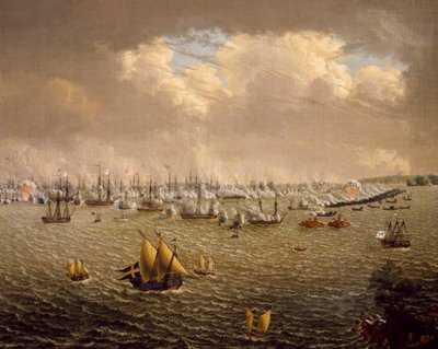 Slag bij Skargard tussen Zweedse en Russische vloten vanwege Zweedse heerschappij over Finland, 10 juli 1790 door Johan Tietrich Schoultz
