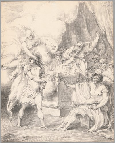 Achilles in bedwang gehouden door Athena in Agamemnons tent, uit Ilias, Boek I door Johan Tobias Sergel