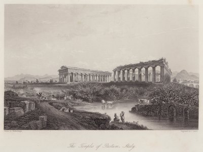 De Tempels van Paestum, Italië (gravure) door Johan Wolfensberger