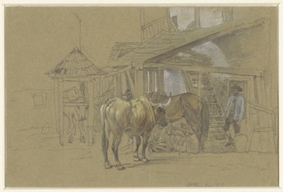 Ossen en een paard bij de hoefsmid door Johann Adam Klein