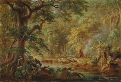 Braziliaans Indianenkamp naast een rivier in het regenwoud door Johann Adolf Höffler