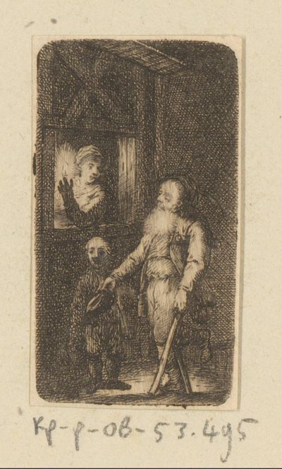 Kreupele oude bedelaar met jongen en vrouw voor venster door Johann Andreas Benjamin Nothnagel