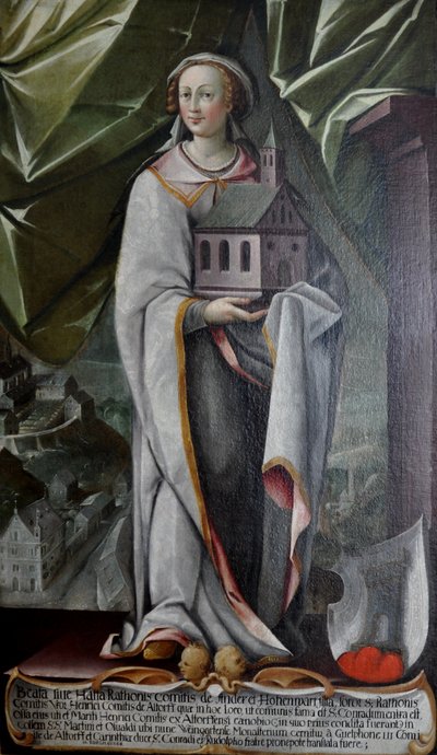 Duits: Hatta von Hohenwart, vrouw van Heinrich von Altdorf, stichter van het klooster in Altdorf rond 935 door Johann Andreas Rauch