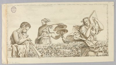 Een satyr jongen speelt fluit, een meisje met cimbalen, een vrouw met een boek door Johann August Nahl the Younger