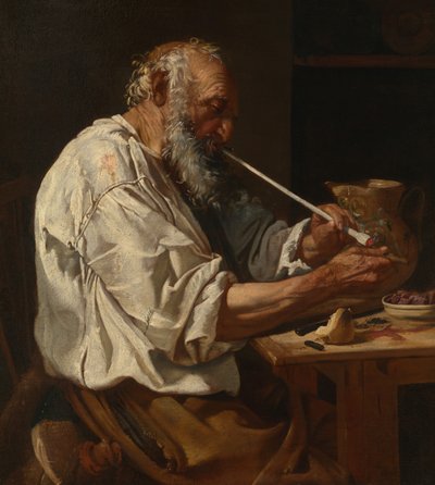 Oude boer die een pijp aansteekt door Johann Carl Loth
