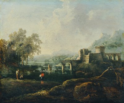 Ideaal landschap met rivier en brugruïne (De Morgen) door Johann Christian Brand