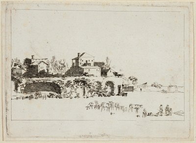 Landschap met hutten door Johann Christian Brand