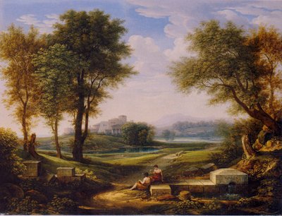 Duits: Ideaal landschap met twee herders bij een bron. door Johann Christian Reinhart
