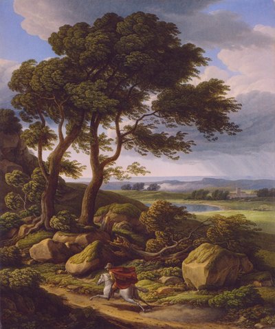 Duits: Stormachtig landschap met ruiter. door Johann Christian Reinhart