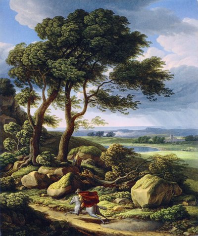 Duits: Stormachtig landschap met ruiter. door Johann Christian Reinhart