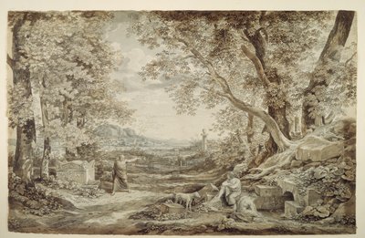 Landschap met antieke monumenten („De uitvinding van het Korinthische kapiteel“) door Johann Christian Reinhart