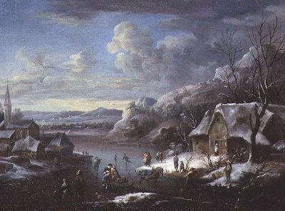 Winterscène met talrijke figuren door Johann Christian Vollerdt or Vollaert