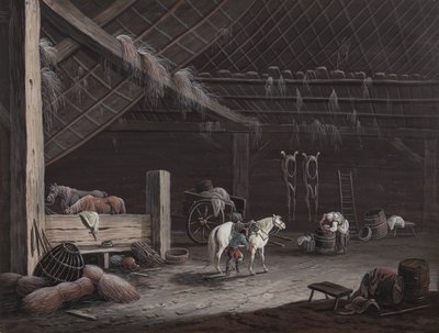 Het witte paard: schuurinterieur door Johann Christoph Dietzsch