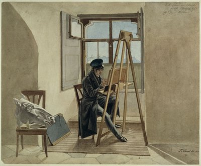 De schilder Johann Adam Klein aan de ezel in zijn atelier in het grafelijke Chotekpaleis in Wenen door Johann Christoph Erhard