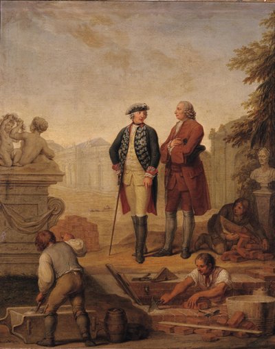 Koning Frederik II van Pruisen (1712-86) en de Markies van Argens (1704-1771) inspecteren de bouw van Sanssouci in Potsdam door Johann Christoph Frisch
