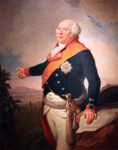 Portret van koning Frederik Willem II van Pruisen (1744-1797) met een ster van de Pruisische Orde van de Zwarte Adelaar, zijn linkerhand rustend op een kaart van Frankfurt, een landschap met het Pruisische leger gelegerd buiten Frankfurt door Johann Christoph Frisch