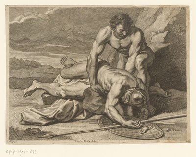 Een man neemt het lijk van een Romeins speerdrager in de armen door Johann Conrad Reiff