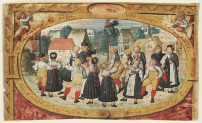 Miniatuur van een kinderspel: kinderen dansen rond de haan door Johann Daniel Schmied
