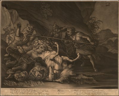Ca. 1770 allegorische mezzotint van Afrika door Johann Elias Ridinger