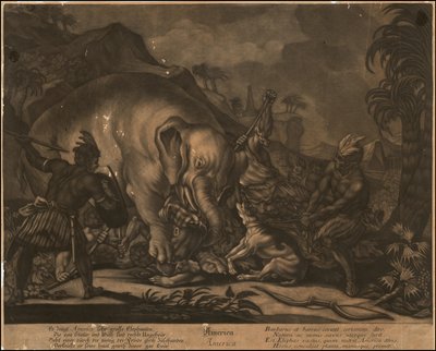Ca. 1770 allegorische mezzotint van Amerika door Johann Elias Ridinger