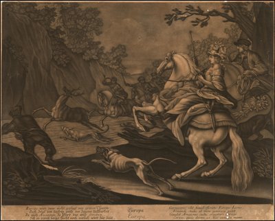 Ca. 1770 allegorische mezzotint van Europa door Johann Elias Ridinger