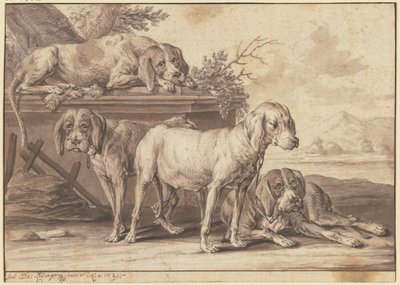 Vier jachthonden door Johann Elias Ridinger
