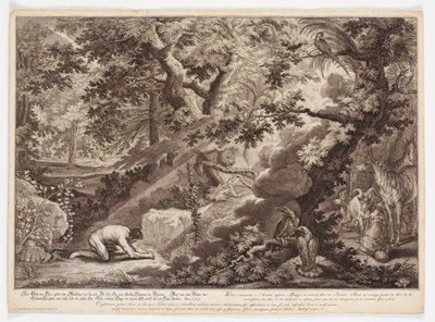 God verbiedt Adam om van de boom der kennis te eten door Johann Elias Ridinger