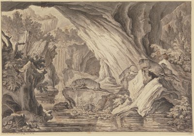 Zes otters in een rotshol bij het water door Johann Elias Ridinger
